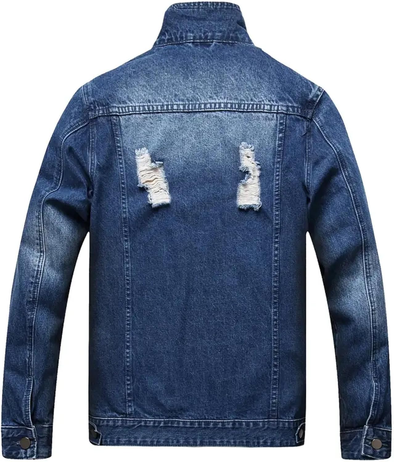 Huang's Men's Denim Jacket with Distressed Ripped Details Classic Fit Non - Stretch Fabric Cool Stylish Caual Coat - Image 2