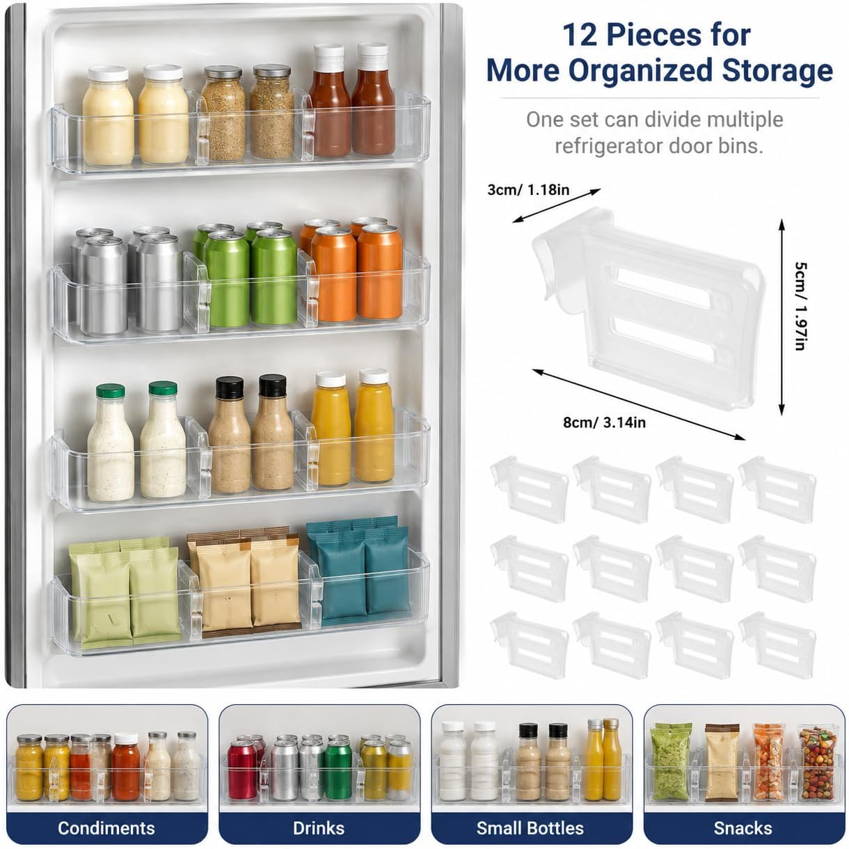12 Pack Refrigerator Door Dividers: Clear Clip On Fridge Bin Organizers