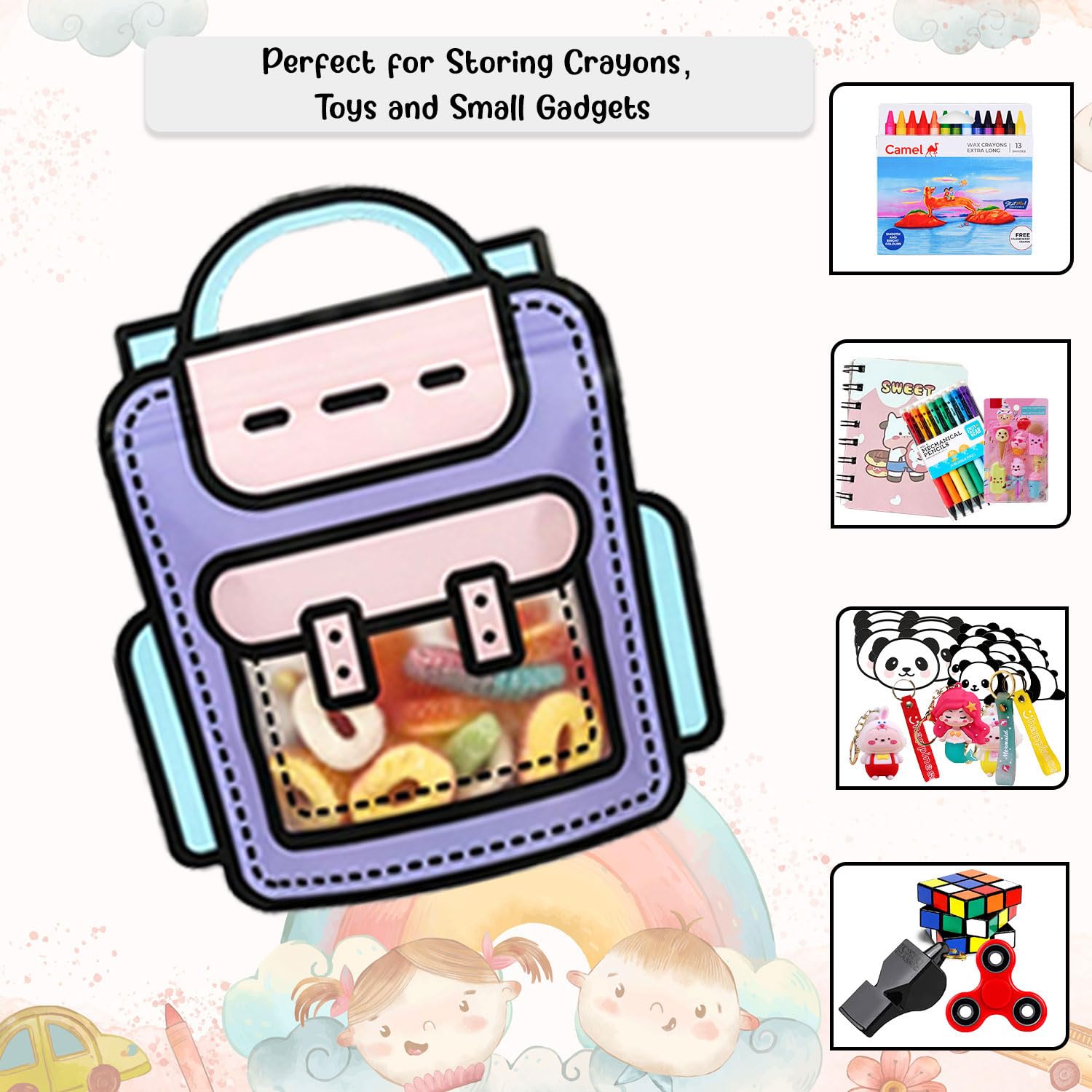 SKY FLEXI PACK – 16 Pcs, Small School Bag Themed Candy & Cookie Bags (18cm x 21cm, Purple) – Perfect Goody Bags for Kids, Ideal for Return Gifts for Birthday and Party Favors 4