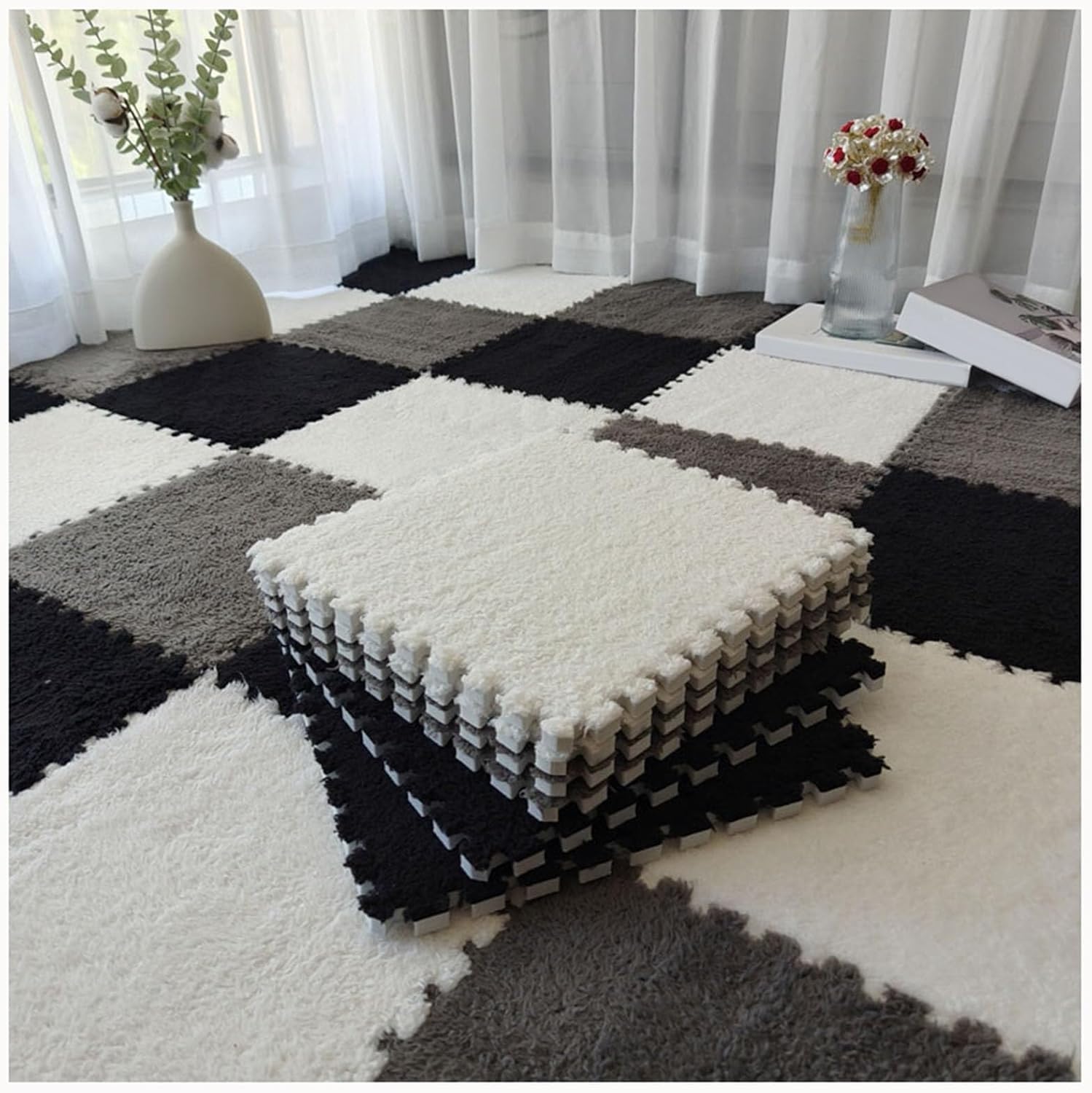 10pcs Plush Foam Floor Mats with Border, Soft Puzzle Play Mat, 0.4" Thick, 24x24 in Anti-Slip Eva Protective Mat, Fluffy Interlocking Square Foam Carpet Tiles Rugs(Black+White+Gray)