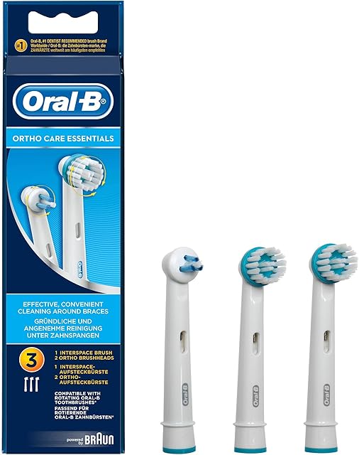 Oral-B Ortho Care Essentials Electric Toothbrush Head, 1 Interspace Brush and 2 Ortho Brush Heads for Teeth with Braces, Pack of 3, White