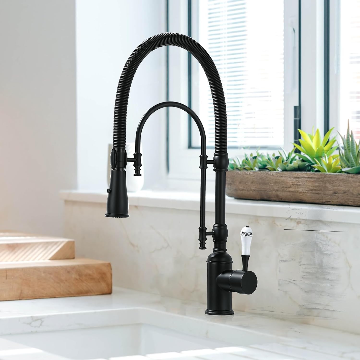 classical high arc single handle spring kitchen faucet with pull down spray,swiveling commercial single handle kitchen sink faucets for farmhouse (antique, matte black)