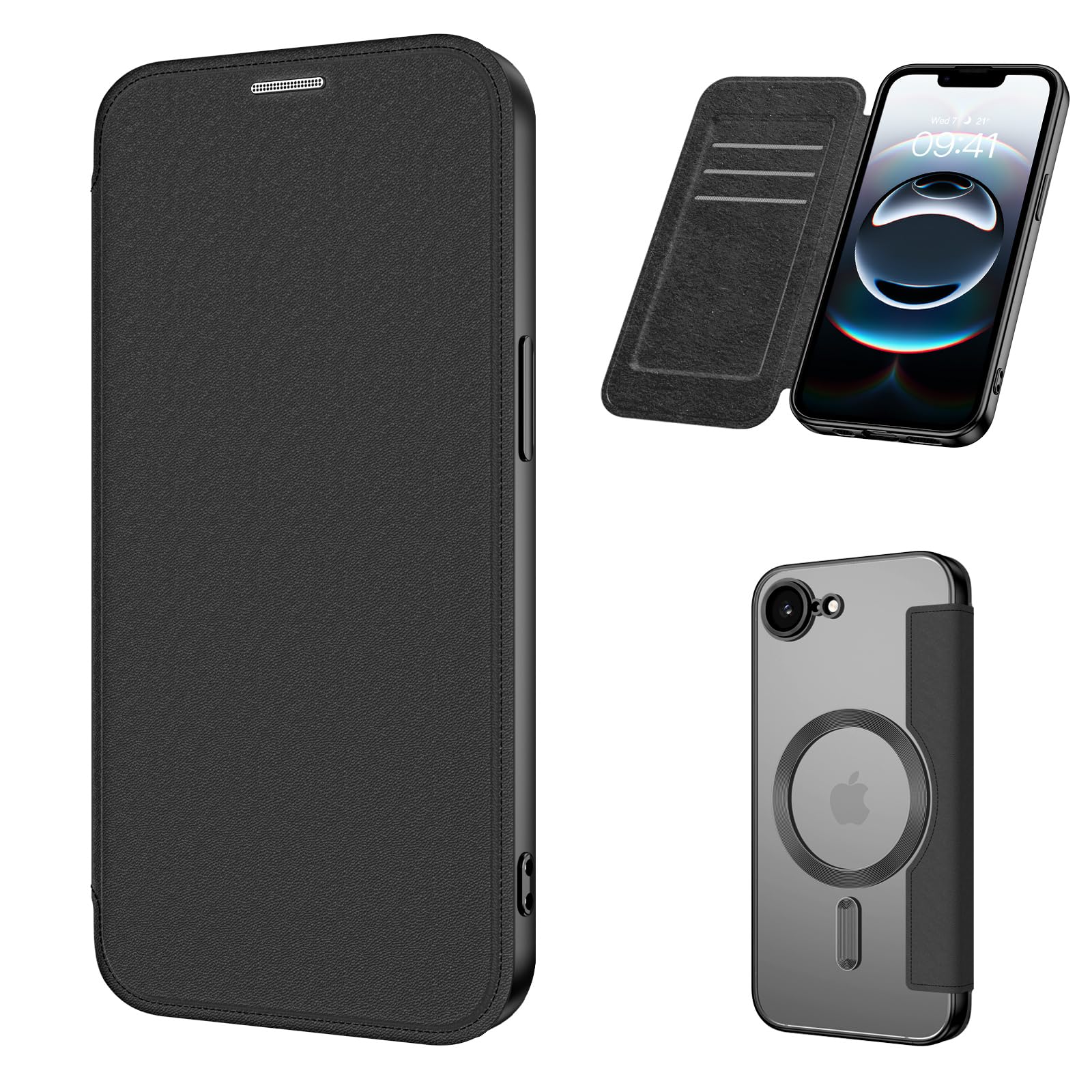 VENINGO Funda Magnética para iPhone 16e, Compatible con MagSafe Libro Funda iPhone 16e Cover Protección de Grado Militar Carga Inalámbrica Antihuellas Antigolpes Fina Carcasa, Negro