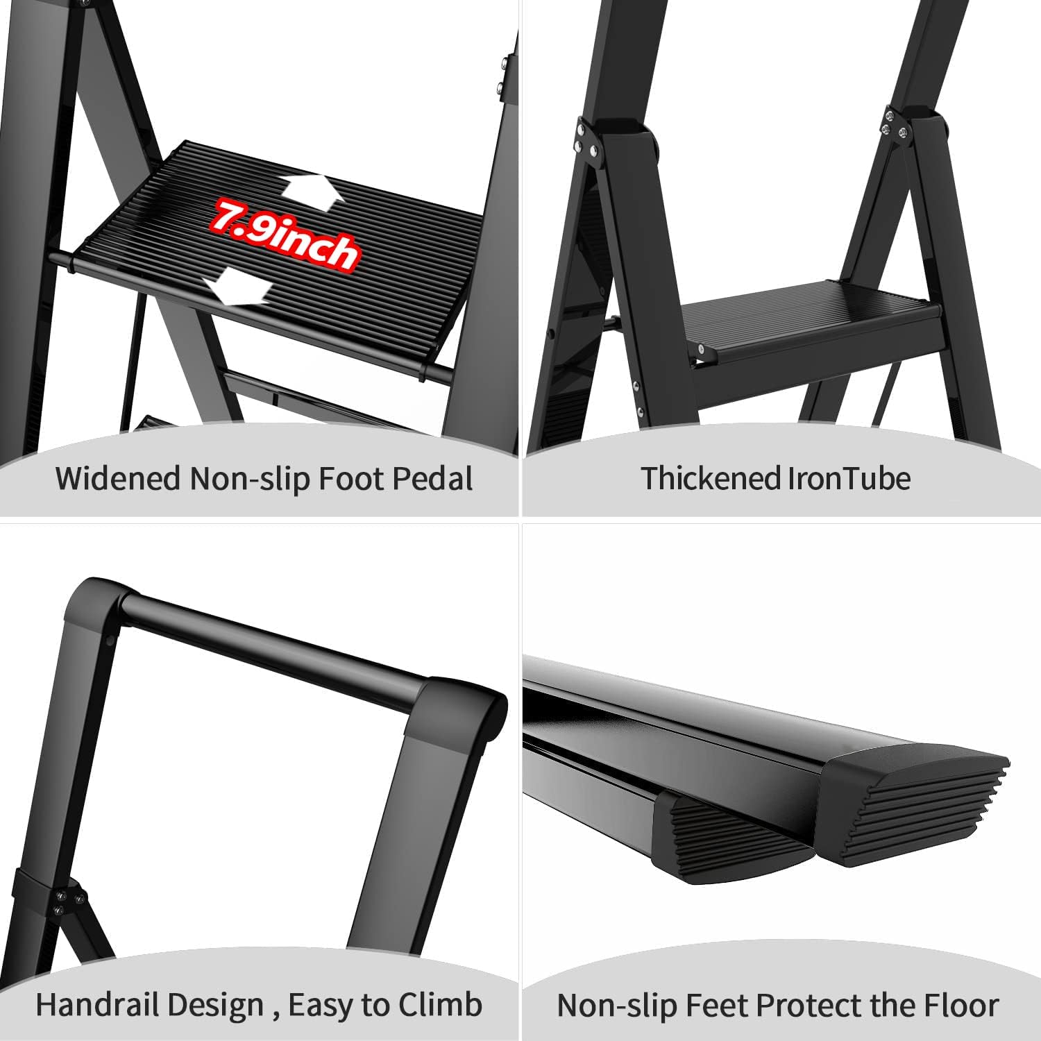 E-riding 5 Step Ladder, Folding Step Stool, Portable Iron Foldable Black Ladder for 10 Foot High Ceiling with Anti-Slip Wide Sturdy Pedal and Handgrip, Multi-Use for Home (300 lbs Capacity)