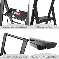 Vista 5 de Escalera de 5 escalones, taburete plegable con mango y pedal ancho antideslizante, escalera de hierro portátil para cocina, hogar, biblioteca, Negro