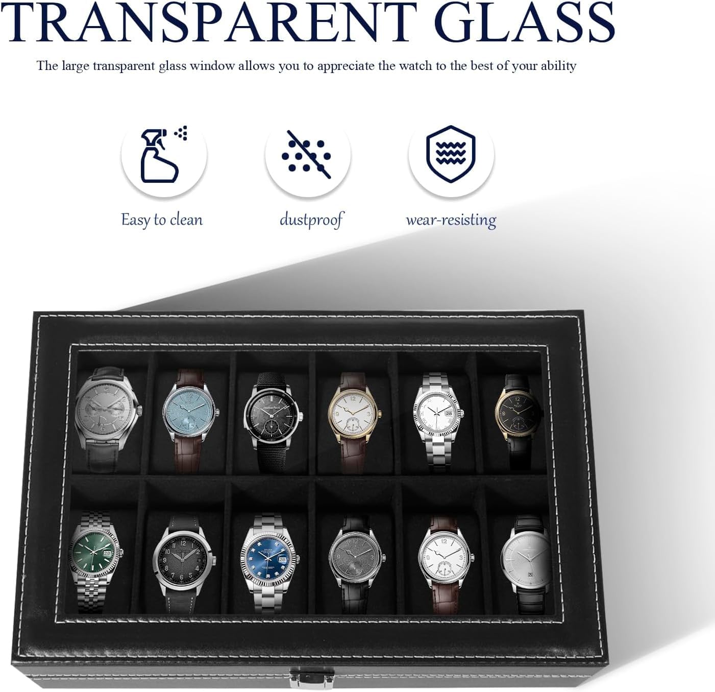 Caja de Relojes con Tapa de Cristal y Cojín Extraíble 12 Ranuras Organizador