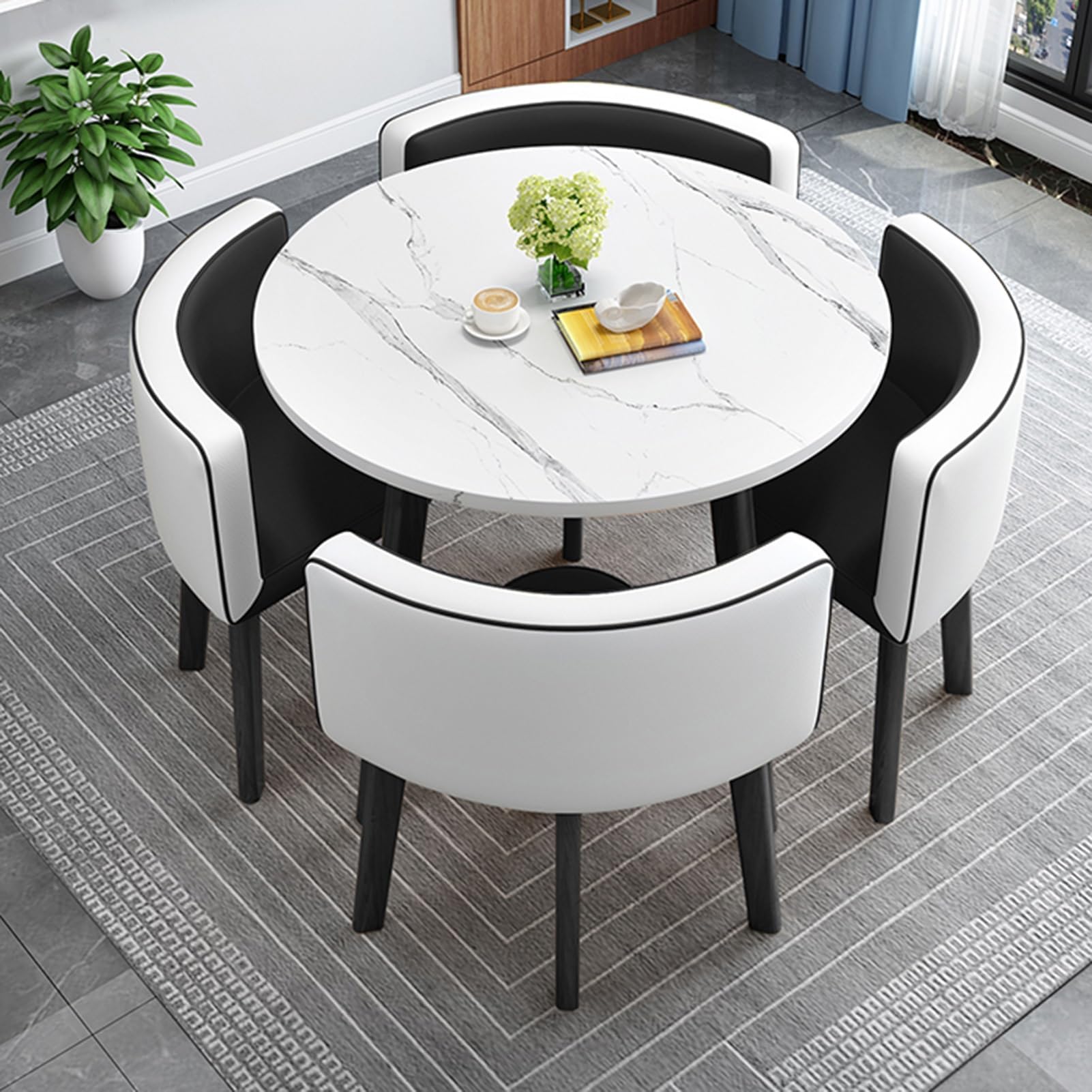 Kitchen Breakfast Bar Table And Chair Set, Dining Round Table Soft Backrest Seat Modern Style Furniture Coffee Kitchen, Space-Saving Furniture Office Conference Tables ( Color : Black and white )