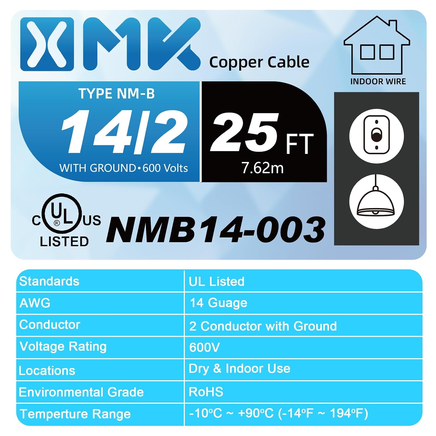 NM-B 14/2 Wire with Ground,25ft 14/2 NM-B Copper 14 AWG 2 Conductors with Ground,Electrical Wire 14 Gauge Non-Metallic Sheathed NMB Cable,Residential Solid Indoor Electrical Copper Wiring
