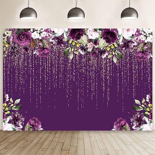 AIBIIN Telón de fondo morado con purpurina dorada de 10 x 7 pies, decoración de fiesta de cumpleaños, flores violetas y rosas, fondo de fotografía,