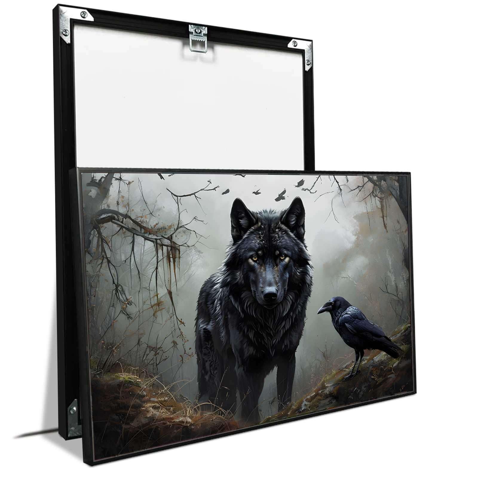 Black Wolf Staring Intently With A Crow Perched Nearby Art Mystical Home Decor Gothic Canvas Print Bird Lover Gift Enchanted Room Decoration 16x24in Metal blackFramed