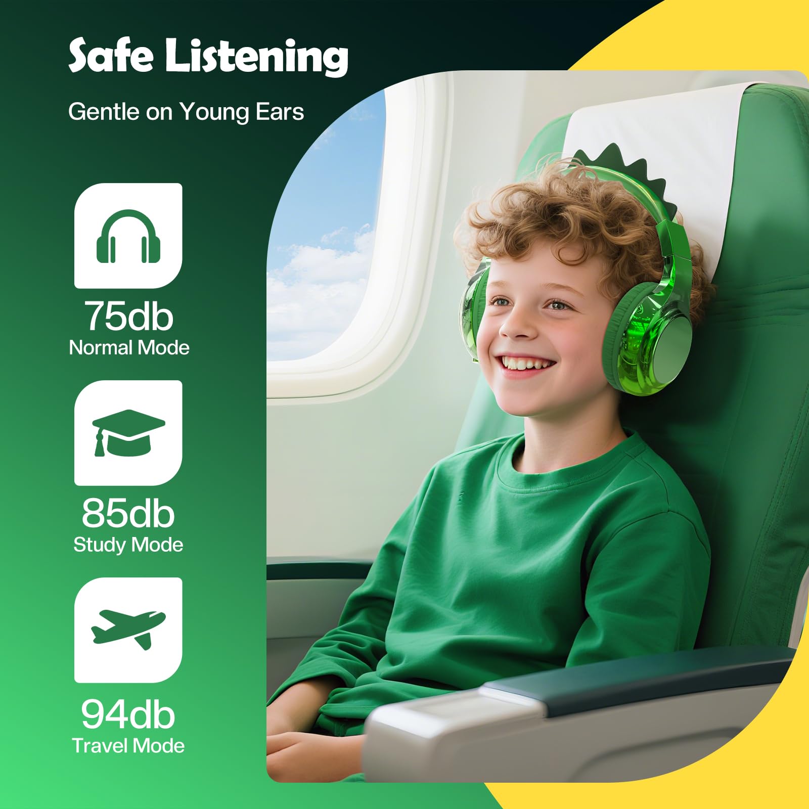 JYPS Bluetooth Kopfhörer Kinder, Metallisch Kabellose Kopfhörer Kinder Over Ear mit 74/85dBA Lautstärkebegrenzung, 40 Stunden Spielzeit, ab 3 5 6 7 für iPad/Schule/Tablet (Dinosaurier, Grün)