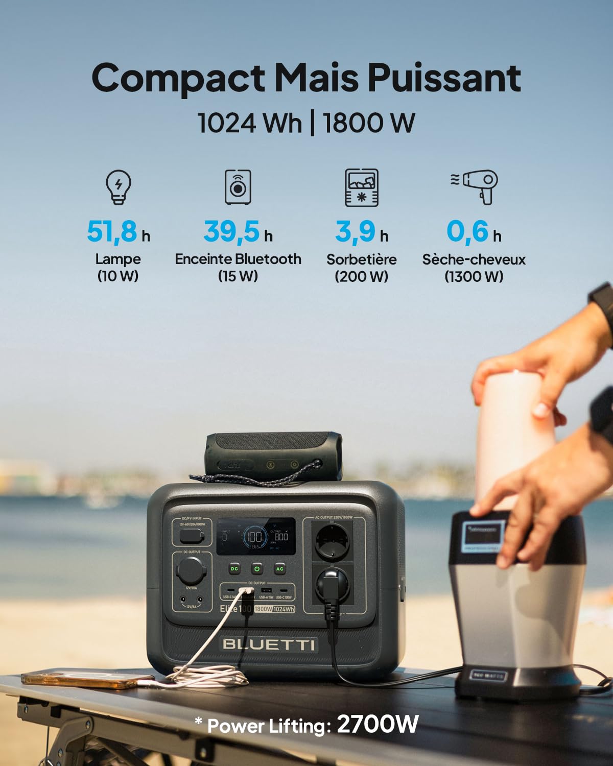Gros plan sur la station électrique BLUETTI Elite 100 V2 montrant ses ports d'entrée/sortie et sa poignée intégrée.
