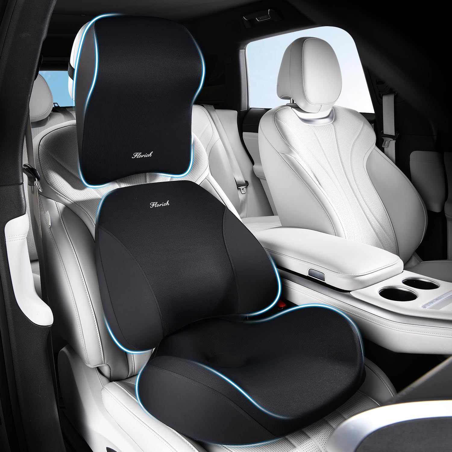 FLORICH Car Seat Cushion & Lumbar Support Pillow & Car Neck Pillow for Driver Car Office Chair, Ergonomic Memory Foam Car Cushion & Back Support Pillow for Sciatica Pain Relief - Black