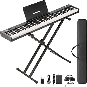 Full-Size 88-Key Digital Piano Keyboard – Semi-Weighted, Portable Electric Piano with Stand, Headphones, Pedal, wireless, USB MIDI – Black – Set