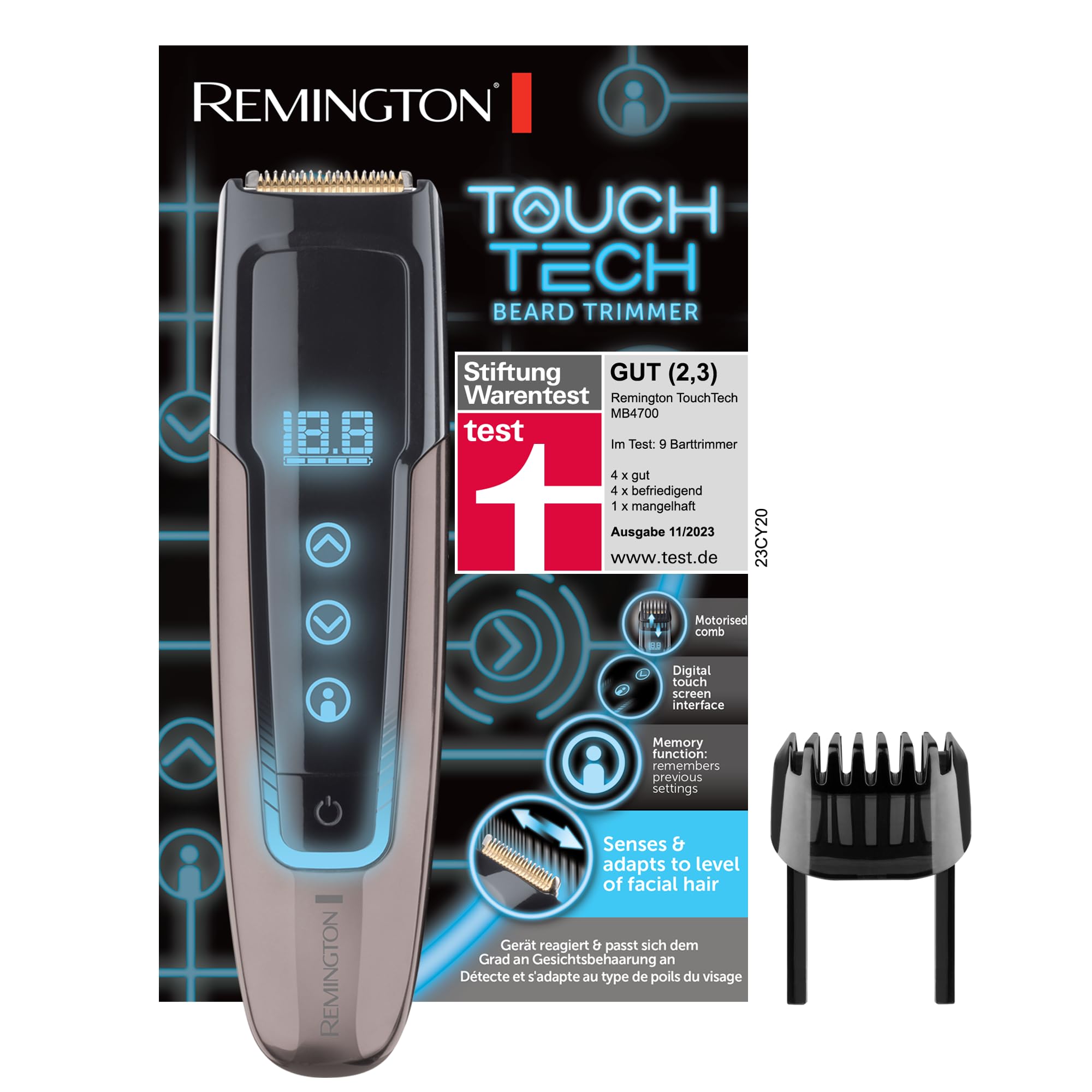 Remington MB4700 Barttrimmer Herren, Stiftung Warentest Testsieger Hautschonung, digitale Längeneinstellung 0,4-18mm TouchTech Bartschneider (Lithium Ionen Akkubetrieb|Micro-USB-Ladefunktion), Schwarz