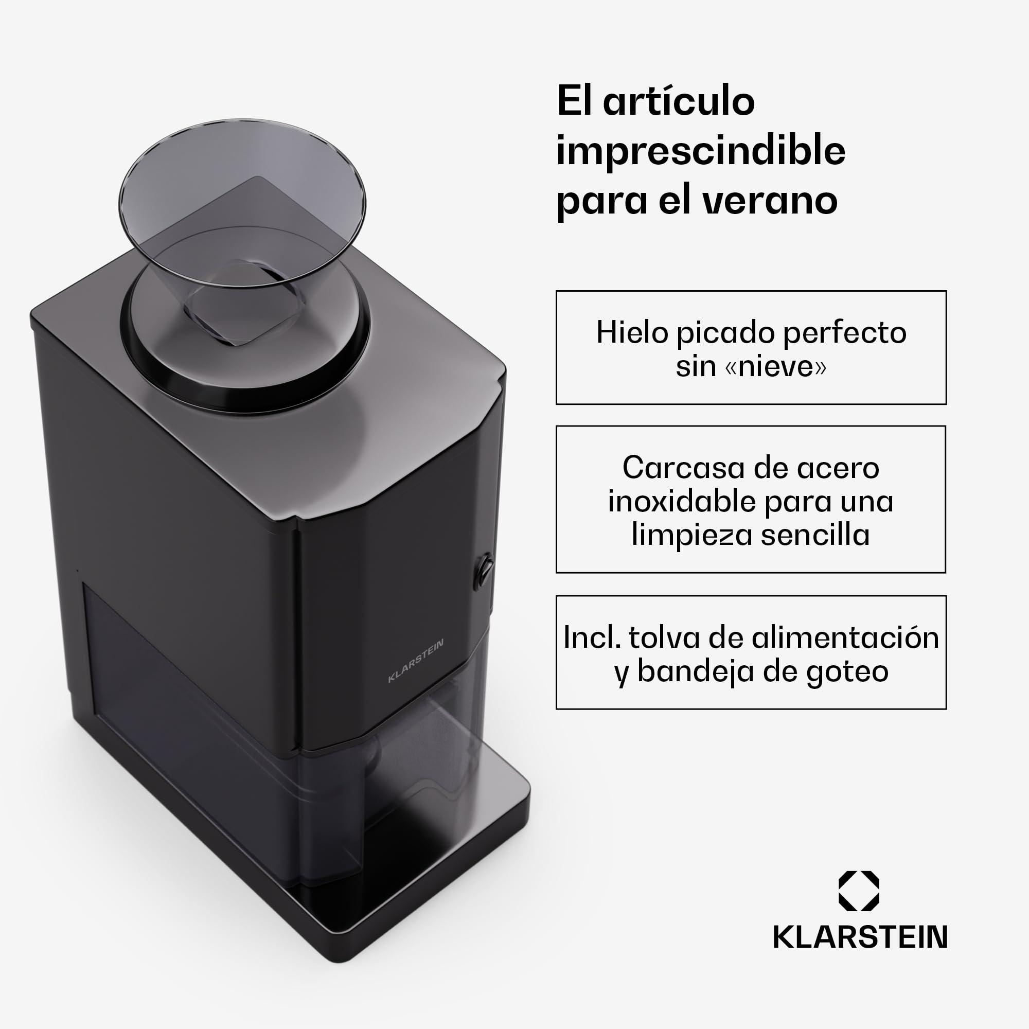 Klarstein Maquina Picar Hielo para - acero inoxidable, 15 kg/h, recipiente de 3,5 L, interruptor de seguridad, pies con ventosa, fácil limpieza, ideal para fiestas