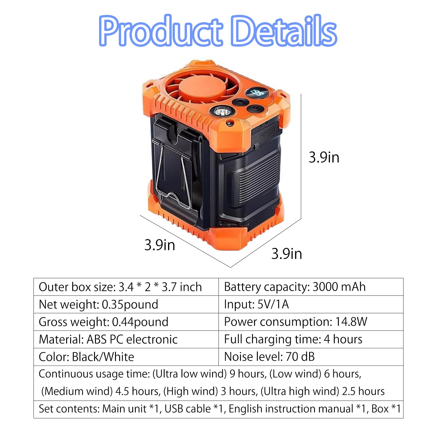 0.35pound Lightweight Waist Fan - 199-Speed Stepless Adjustment, 9H Runtime with 3000mAh Battery for Outdoor Work, Construction, Commuting, Sports