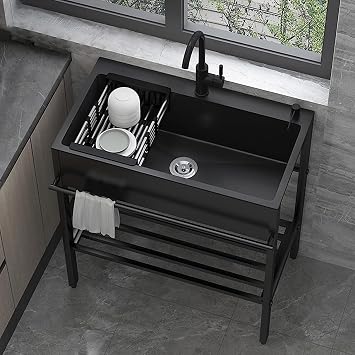 Freestanding Kitchen Sink with Stand, Stainless Steel Utility Sink Workstation, Deep Single Bowl with Faucet, Adjustable Drying Rack, Soap Dispenser, Drain Kit Included80 * 45 * 86cm