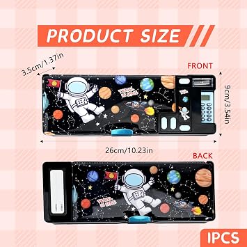 Pop Up Multifunction Pencil Case, Compartment Pencil Case Cute Cartoon Pen Box Organizer Stationery with Calculators, Sharpener, Schedule, School Supplies (Black)