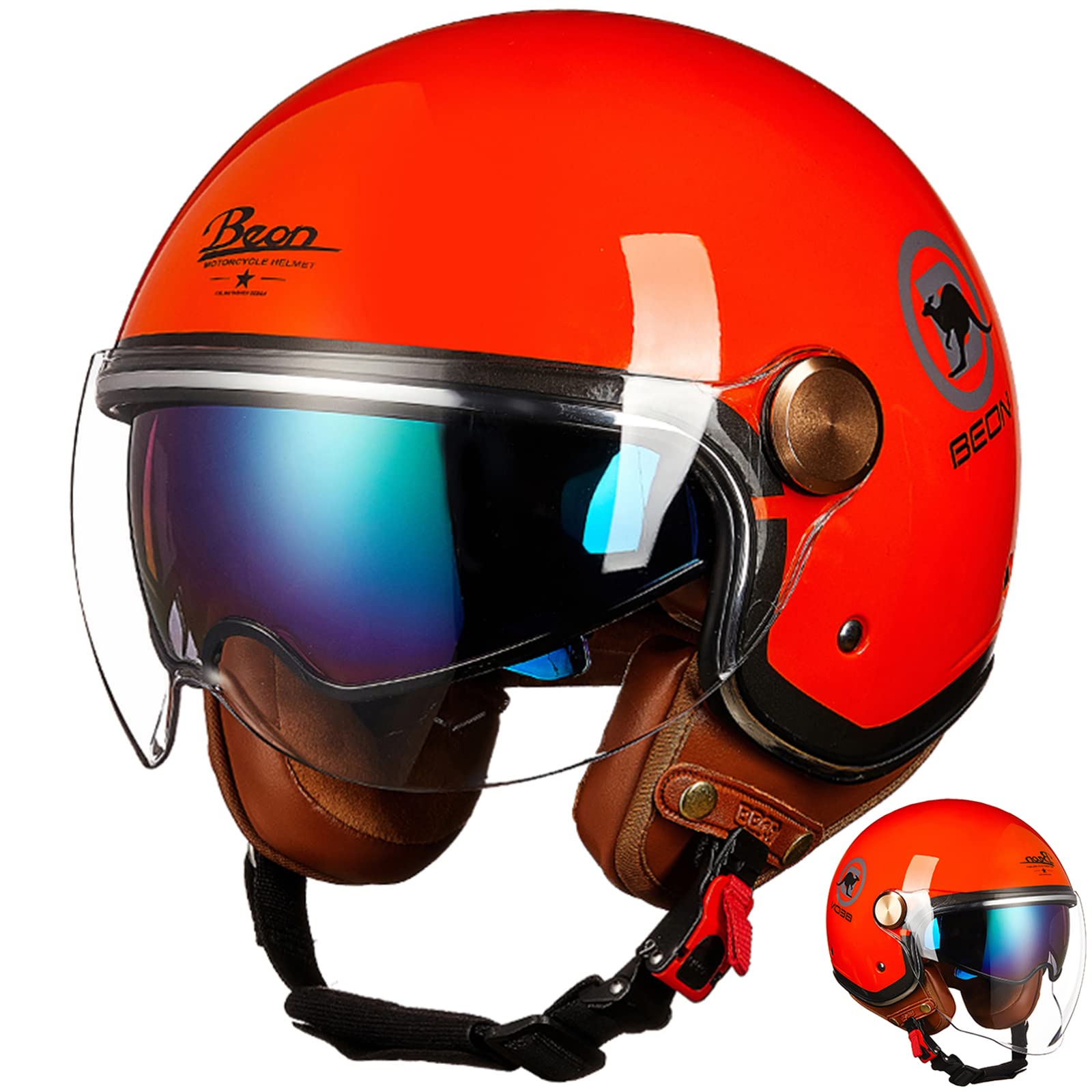 Casco Jet Vintage Omologato ECE - Mezzo Casco In Pelle Con Occhiali Aviatore, Taglie 55-62 Cm