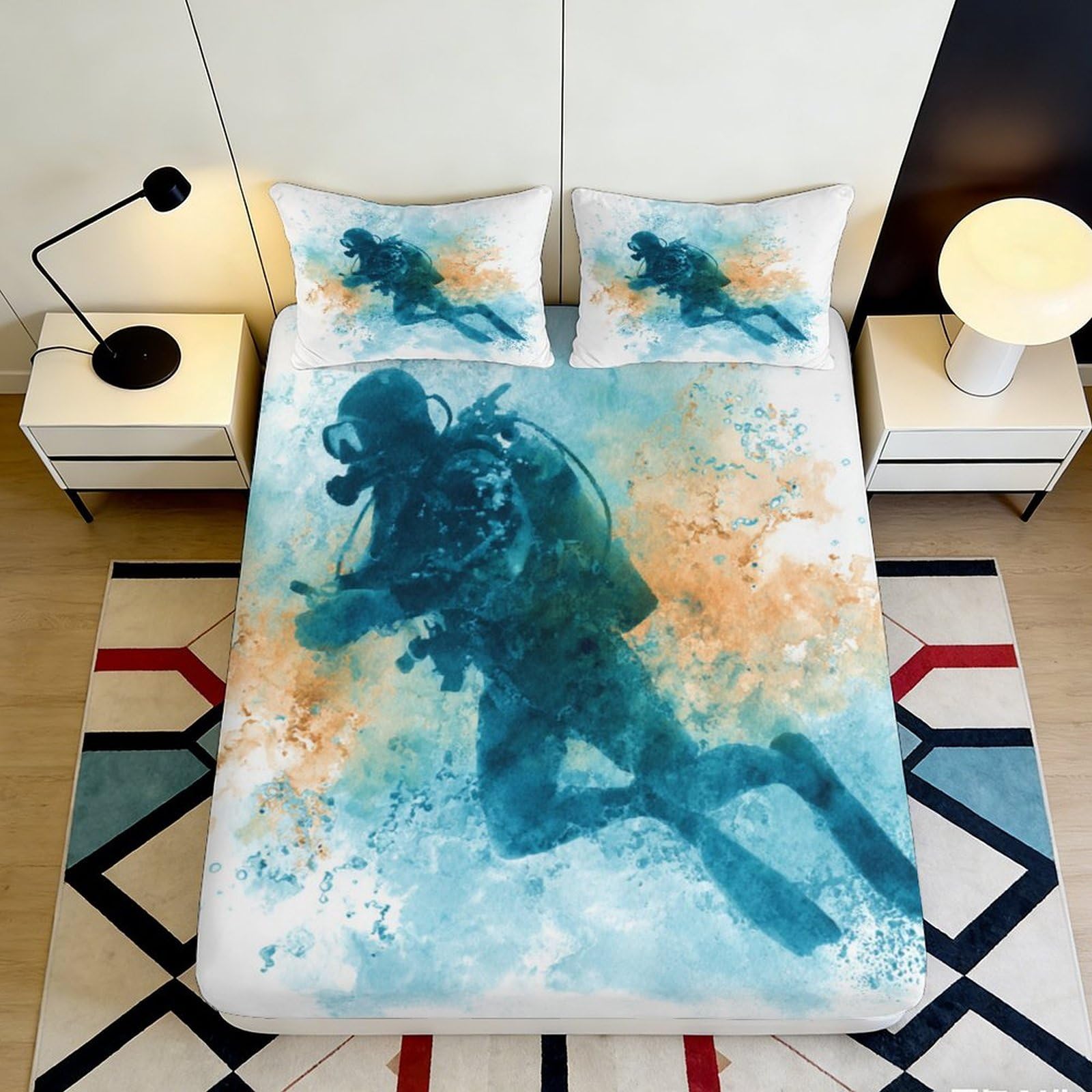 3D Printed Underwater Diver Fitted Sheet Microfiber Soft Blue Orange Splash Bed Cover for Bedroom Dorm Decor 140x200x25cm