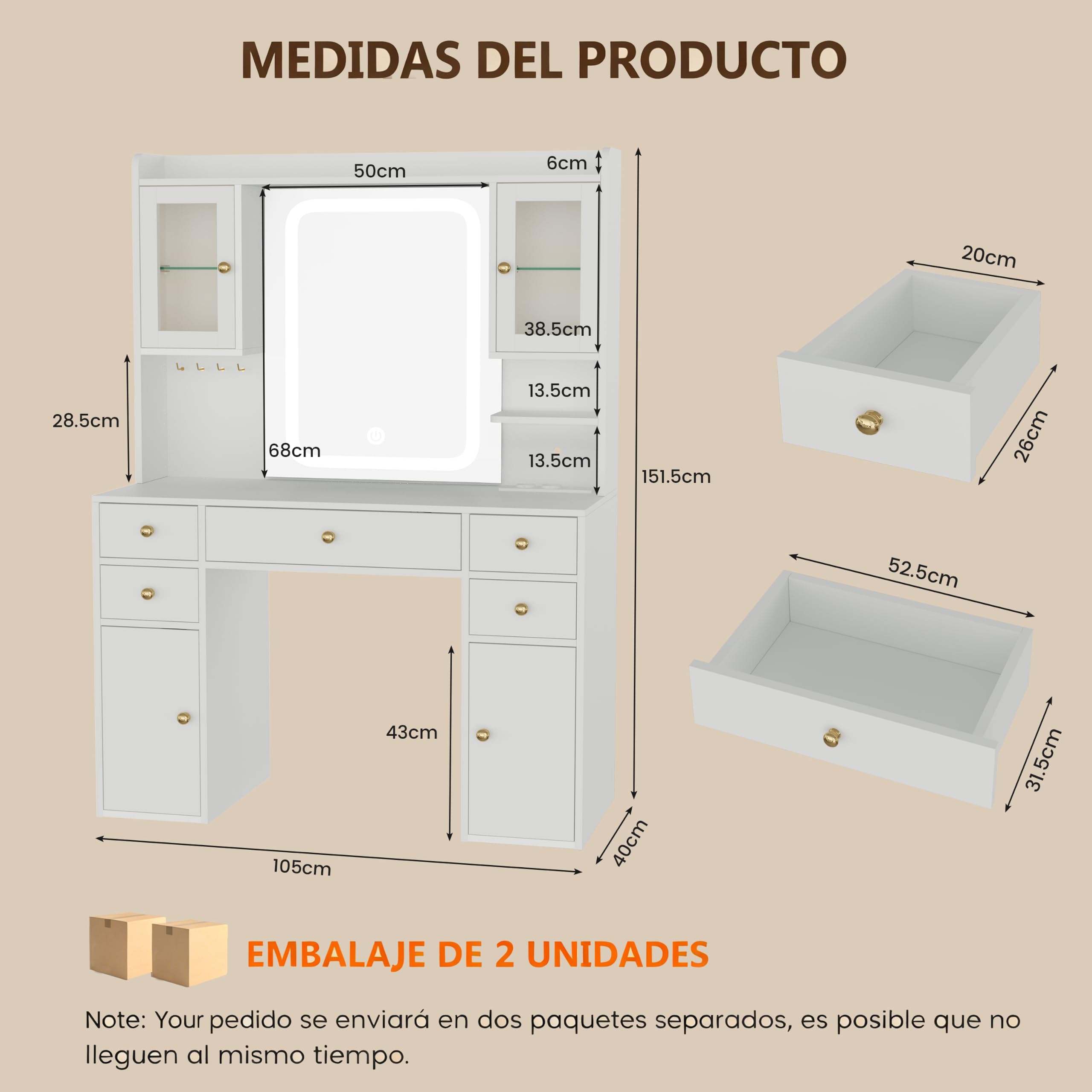 YOUDENOVA Tocador Maquillaje con Espejo LED, Tocador Grande con 2 Vitrinas RGB, 7 Cajones, Organizador de Joyas, Iluminación Regulable, Enchufes y USB Integrados, Mesa de Maquillaje Moderna, Blanco