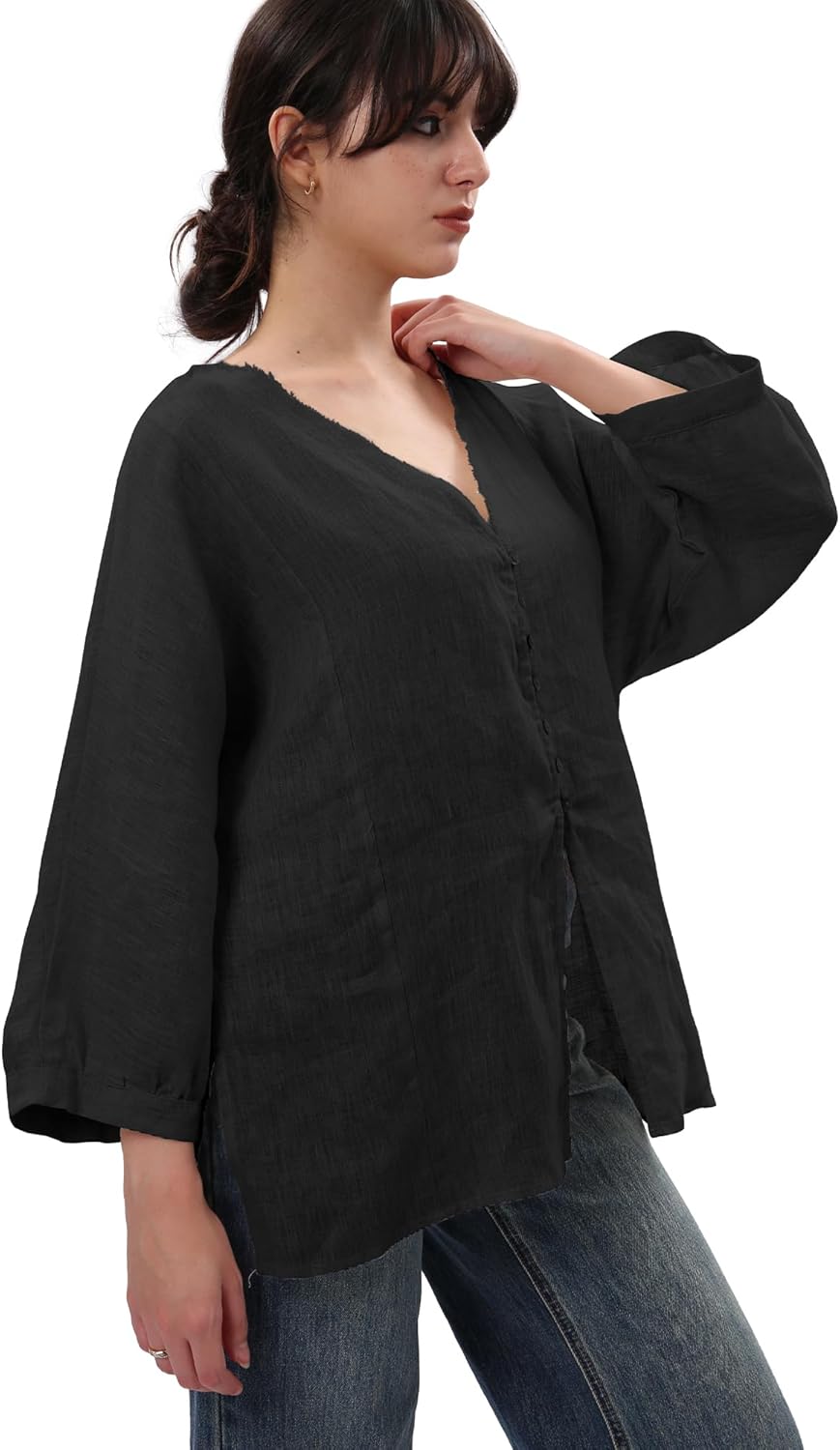 Women's 100% Linen Shirts Long Sleeve V Neck Blouses Button Down Tops Black - Image 5