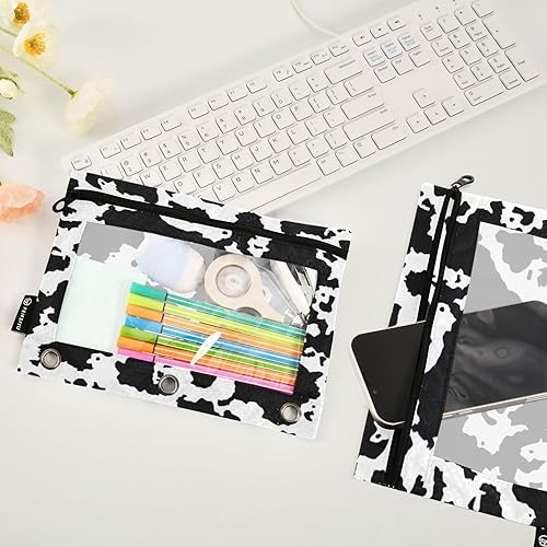 Miniatura 4 de Kigai Carpeta con estampado de vaca, estuche para lápices de 3 anillos, estuche con cremallera y bolsa transparente para lápices, paquete de 2