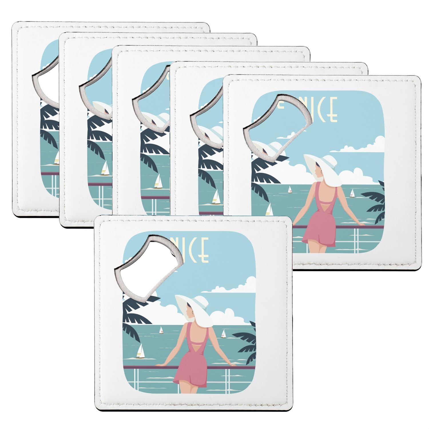 Sous-verre décapsuleur Nice Promenade des Anglais : lot de 6 sous-bocks carrés 9x9cm