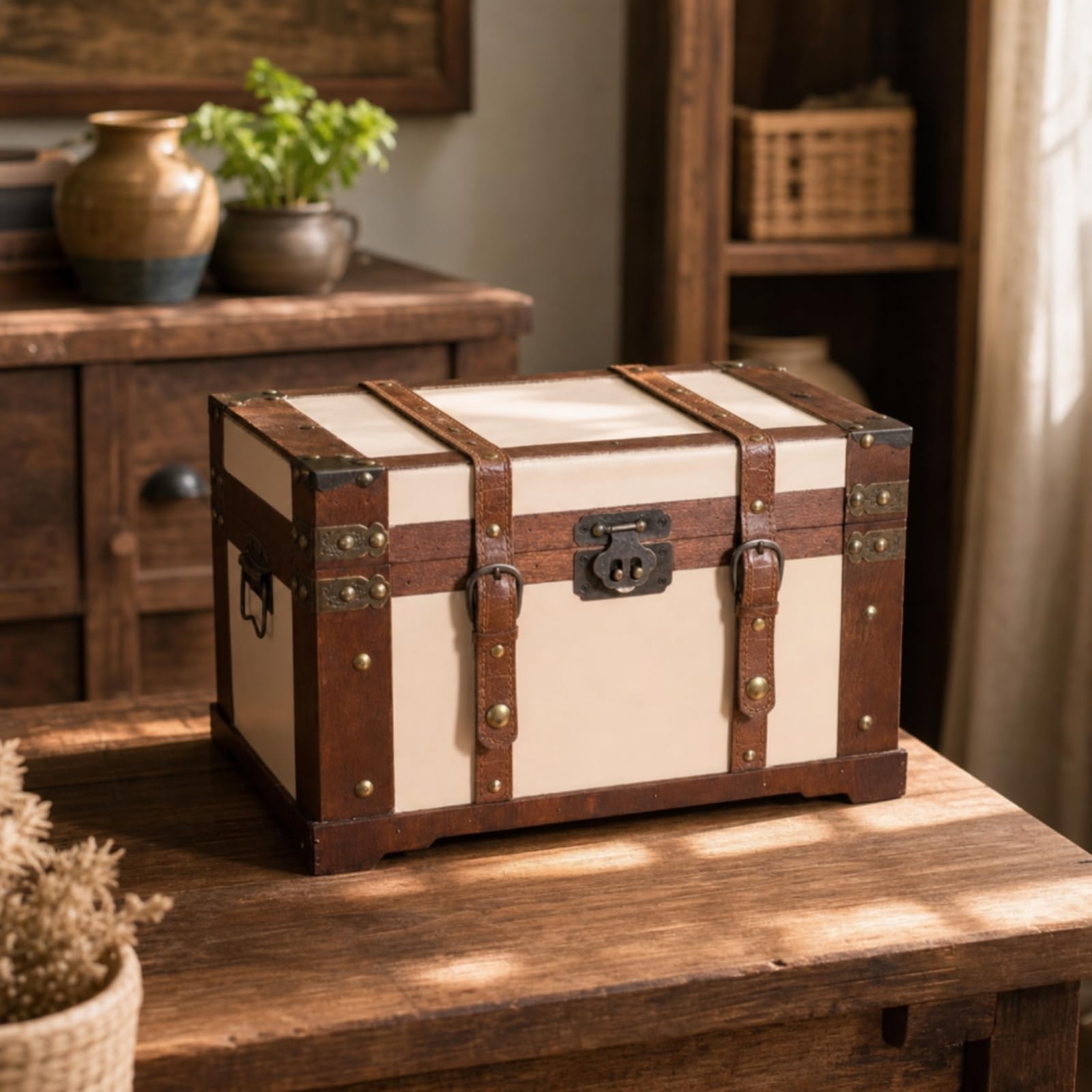 Scatola in Legno con Coperchio Retrò Scatola di Legno Invecchiato Forziere per Collezionisti, Tavolo, Bianco, Piccolo