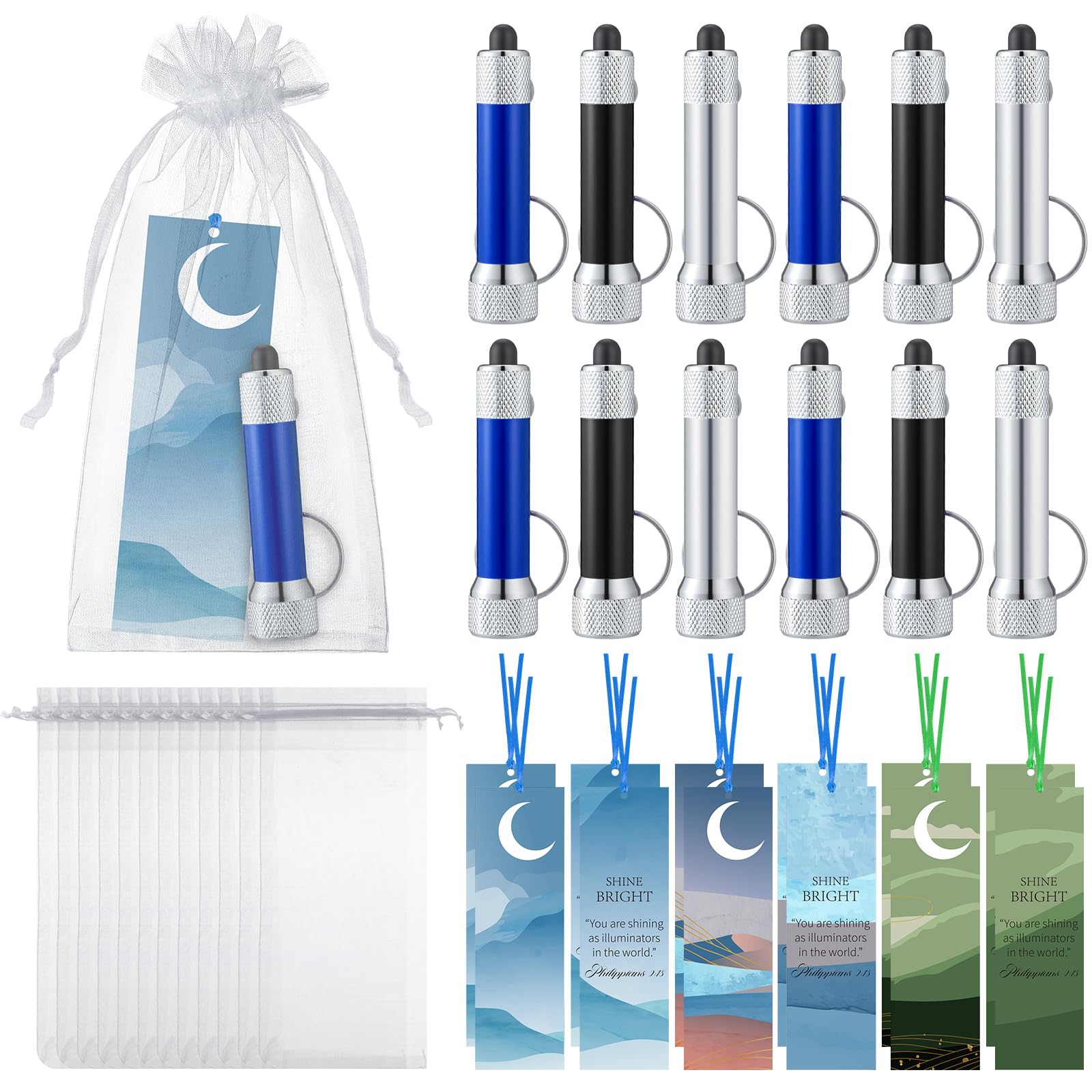 Tujoe 36pcs/12 Set Shine Bright Christian Gifts Set 12 LED Flashlights 12 Bible Verse Bookmarks 12 Organza Bags for Graduation VBS Sunday School Religious Church Encouragement Gifts