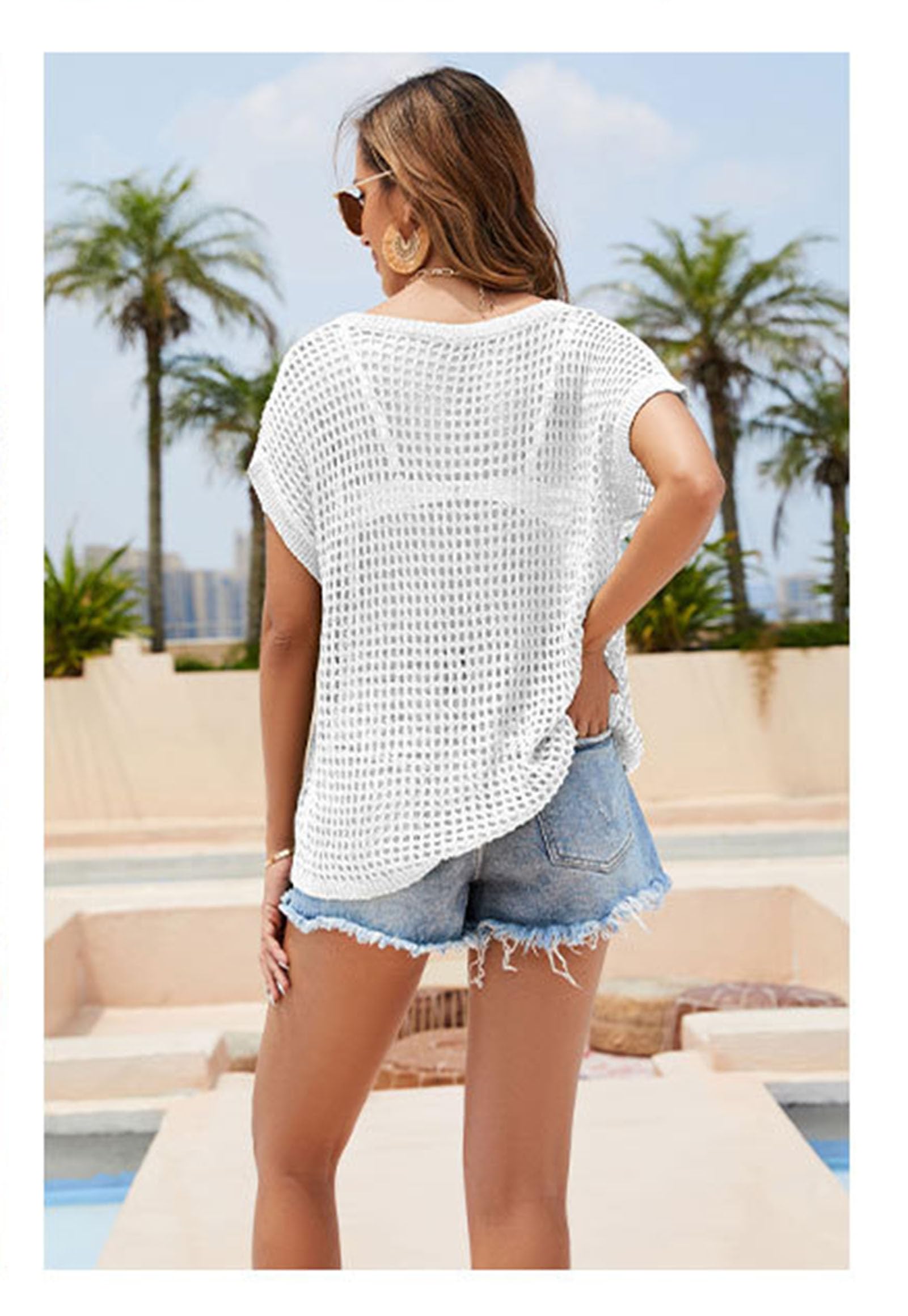 Femmes Maille Crochet Crop Top Sexy À Manches Courtes Évider Tricot Bikini Couvertures Ups,Blanc,S