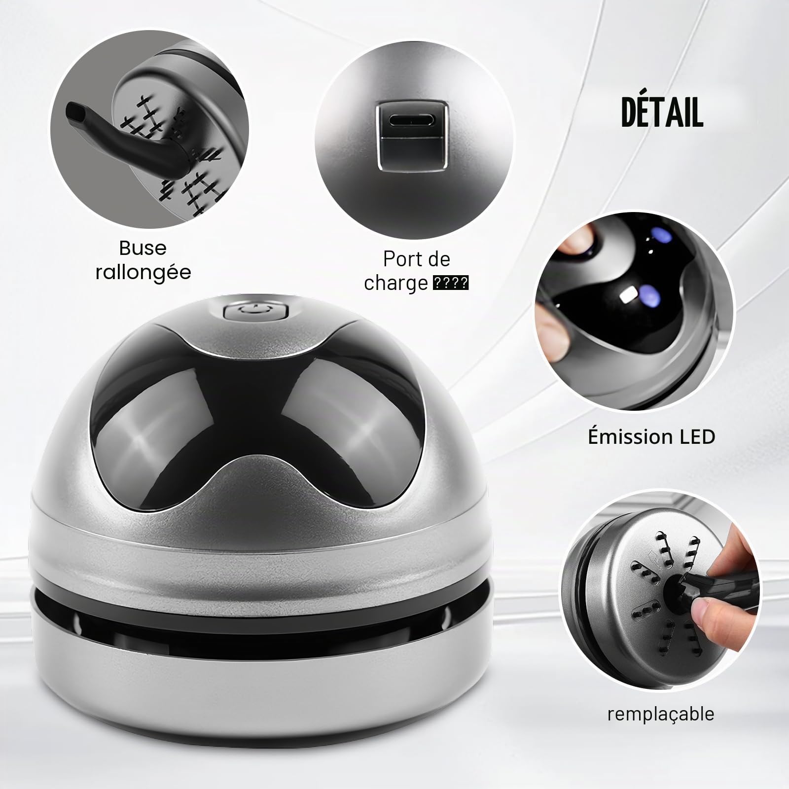 SPORWAY Aspirateur de table, petite aspirateur à main, rechargeable par USB, forte puissance d'aspiration, nettoyeur de poussière électrique, pour clavier, bureau, canapé (gris)