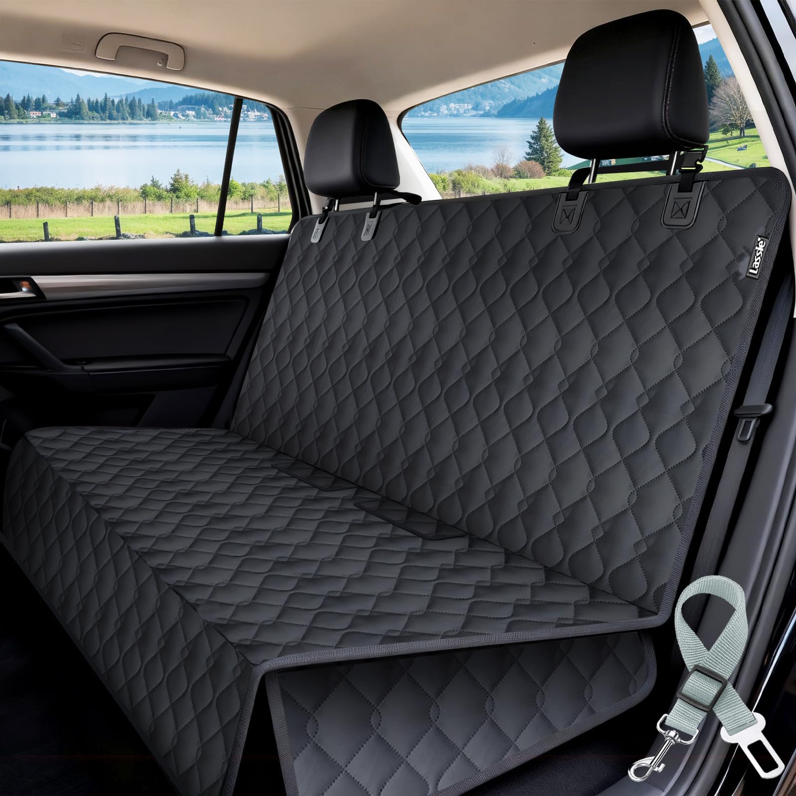 Lassie Manta para Perros, Asiento Trasero para Coche, 100% Impermeable y Antideslizante, para Coche Completo con protección Lateral para Coche SUV | Impermeable, ventana de malla, sin deslizamiento, fácil extracción y almacenamiento, tela Oxford resistent