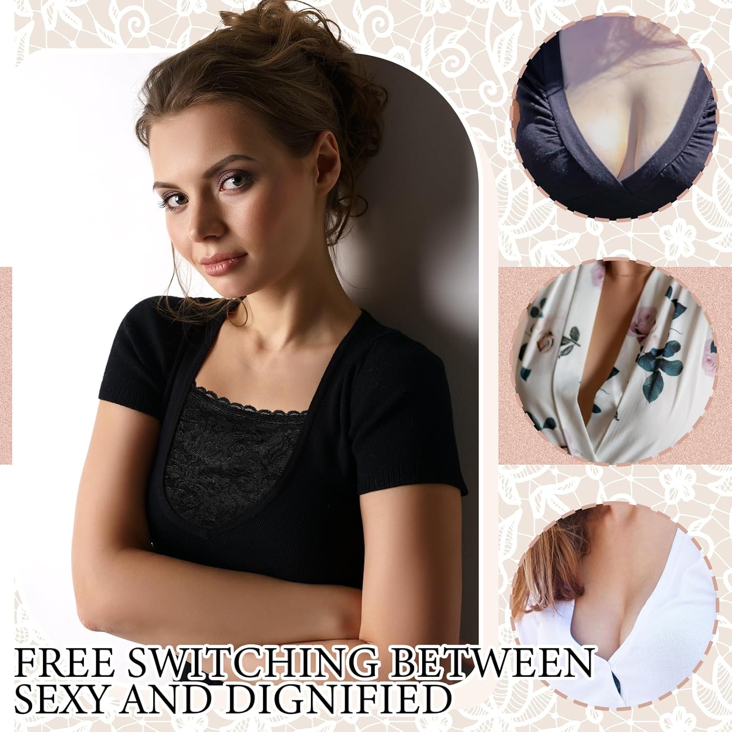 3 Pcs Lace Cleavage Cover up for Low Neckline Fake Collars for Women Modesty Inserts for Low Cut Dresses Crew Collar - Image 3