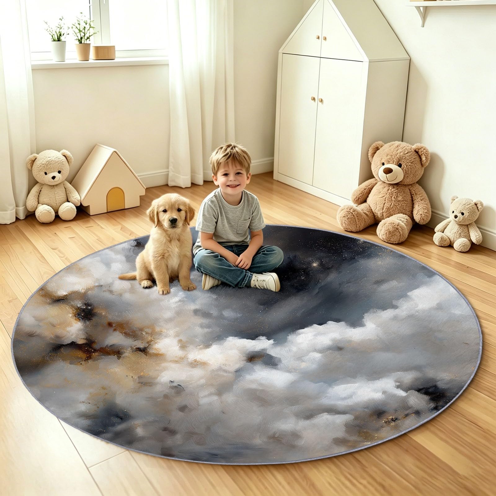 Générique Tapis Enfant Rond Chambre d'enfant Filles Garçons, Peinture Huile Moderne Tapis Rond Lavable & Antidérapant pour Salon Chambre Cuisine Salle à Manger Chambre (100 cm, Ciel Nuages)