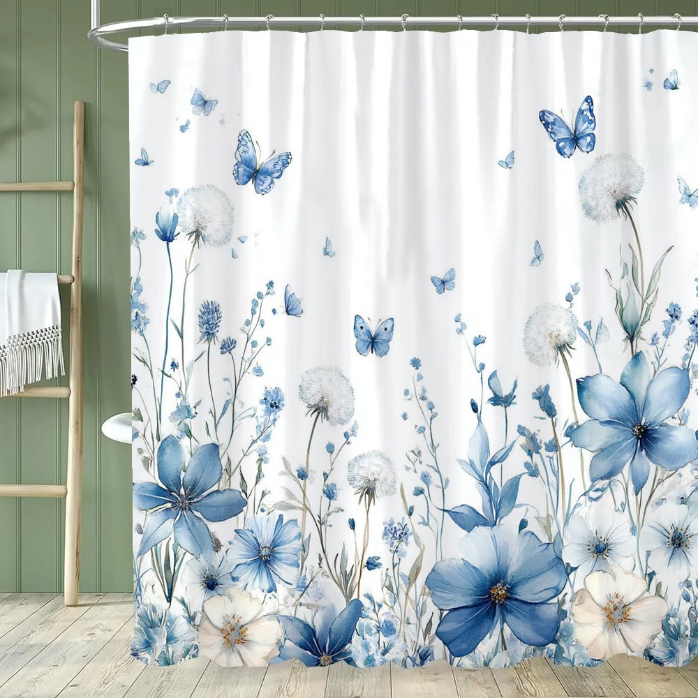 GLKSDLPO 1PC Blue Flowers and Butterflies Shower Curtain, Floral and Leaf Bathroom Decorative Curtain, Home Curtain with Hooks(138x183cm/54x72in(WxH)