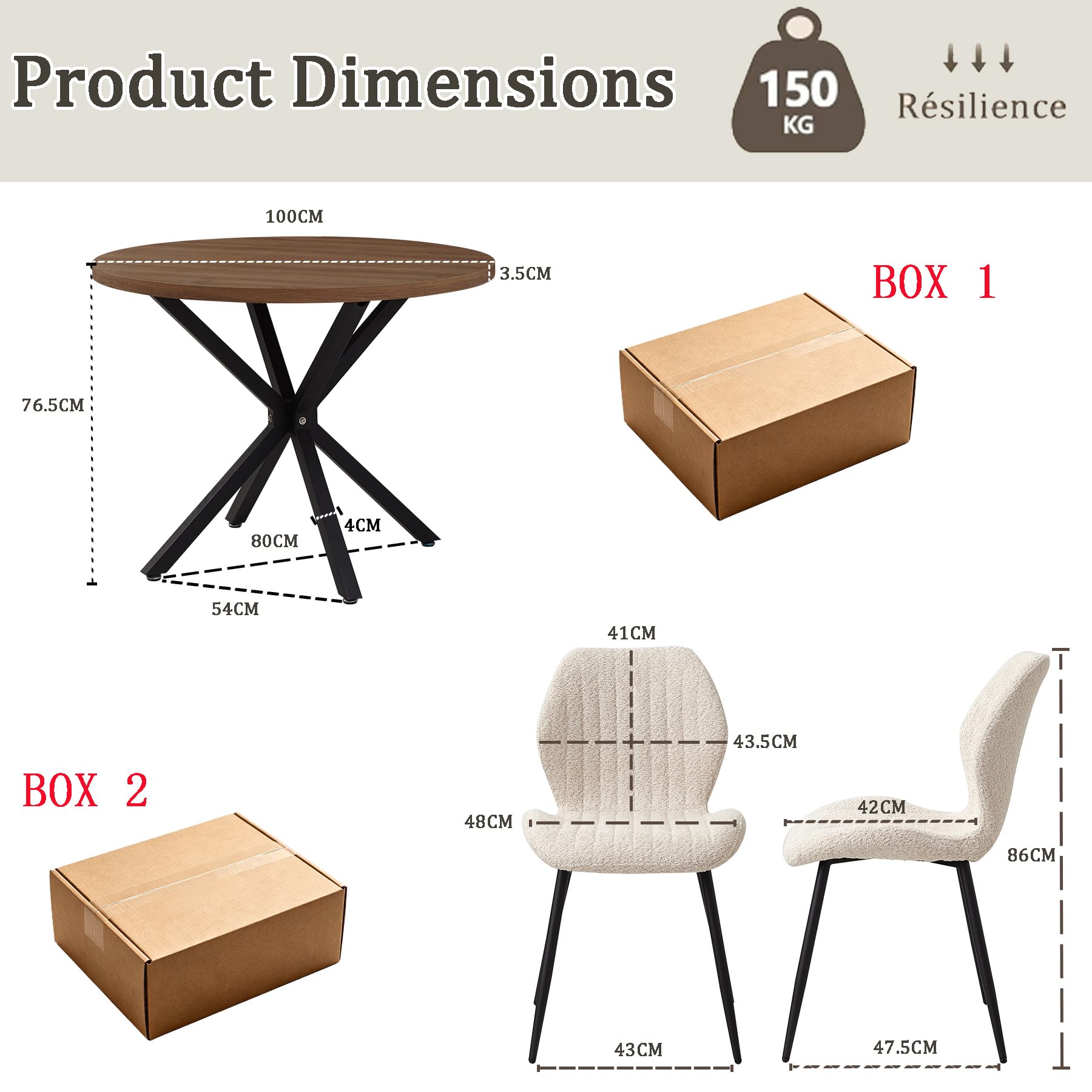 100CM Runden Esstisch mit 4 Stühlen, Dunkel + Beige
