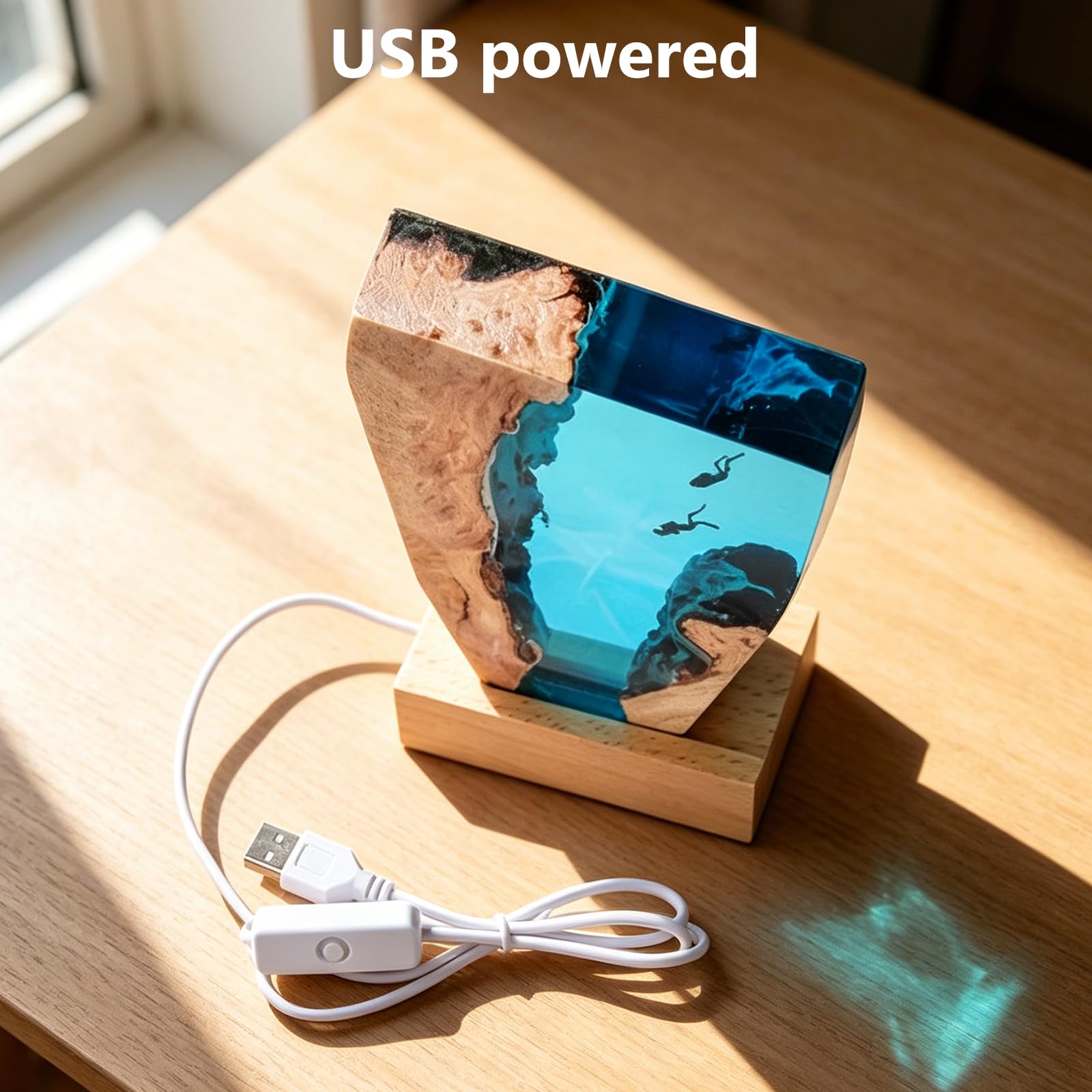 Lampka nocna, statuetka morska, dekoracja, lampa 3D, żywica epoksydowa, ocean, lampka nocna z kablem USB i drewnianą podstawą, do domu, biura, dekoracja na Boże Narodzenie, 18 x 11