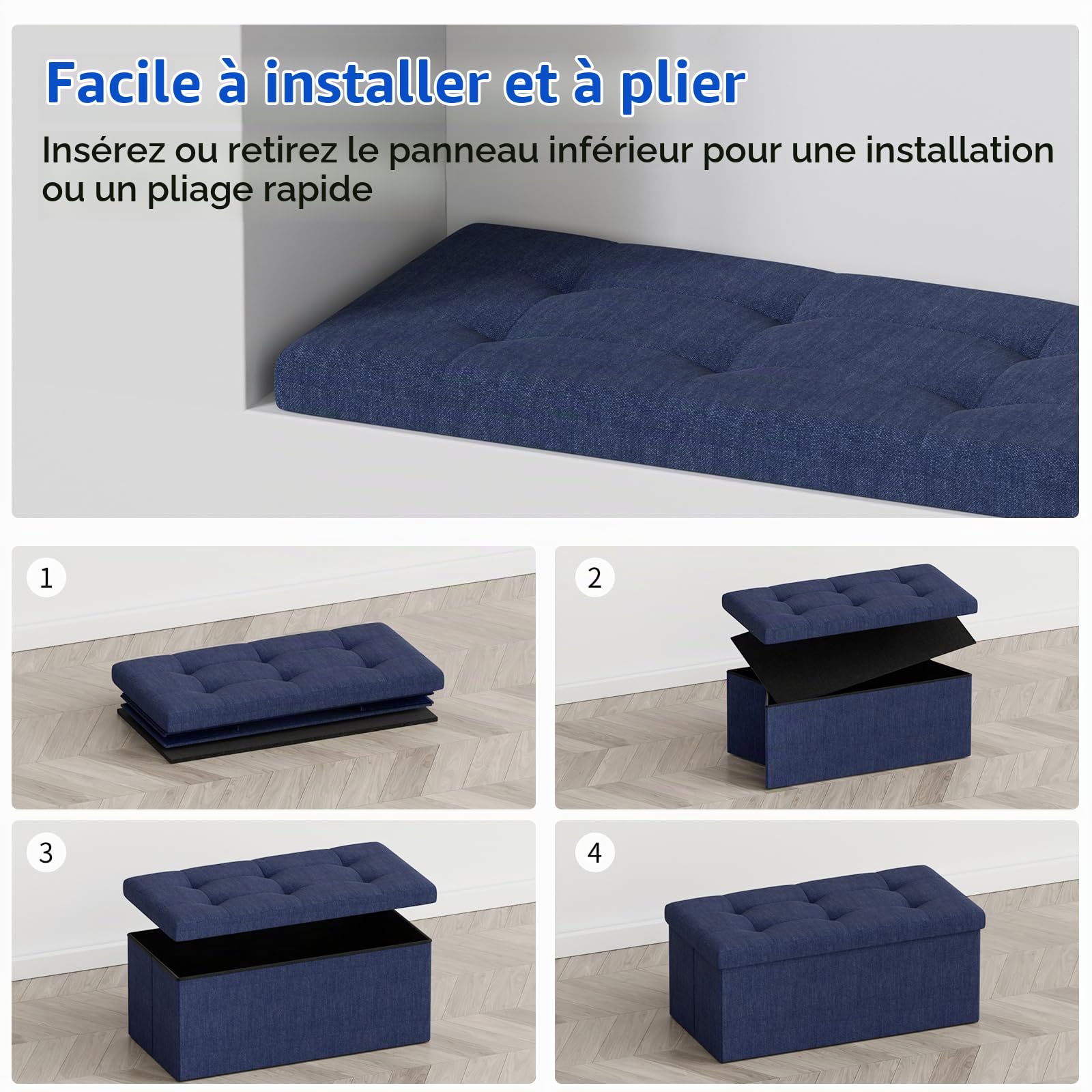 BRIAN & DANY Pouf Coffre de Rangement Boîte Tabouret Pliant Banc Pouf de Pliable Tissu en Lin, 76 x 38 x 38 cm, Bleu Marine