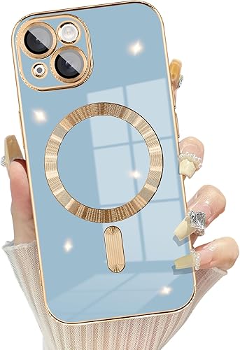 Funda azul para iPhone 15 compatible con Magsafe protector de lente de cámara integrado borde chapado suave a prueba de golpes magnético para iPhone