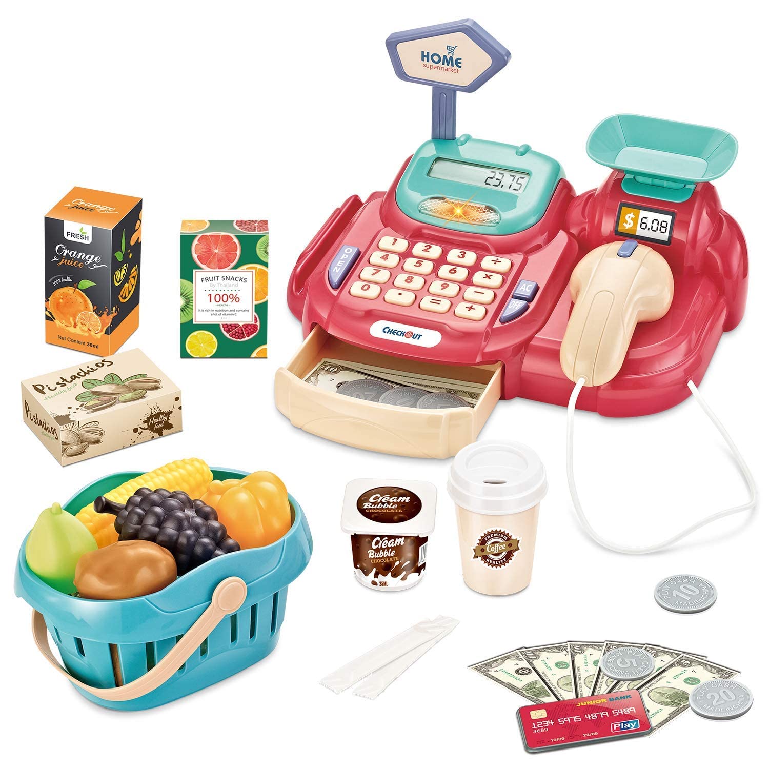 Diamond World 33pcs Mini Supermarket Shop, Pretend Play Shopping Cart Toy Set with Light and Sound Effect Toys Best Gift for 3+ up Ages Kids (Multicolour)