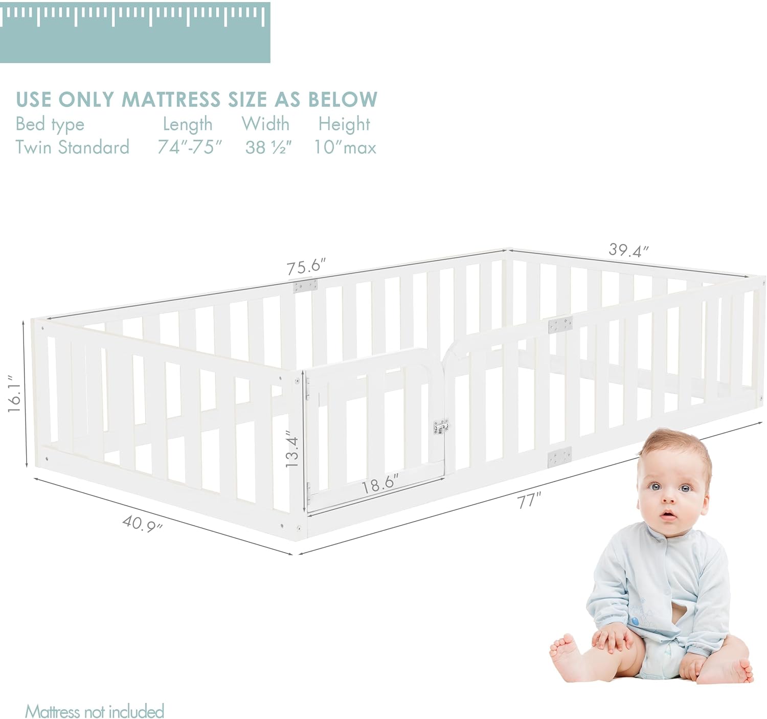 spirich twin size kids floor bed frame with fence and door, solid wood montessori floor bed for kids with safety guardrails, twin bed frame for boys and girls, white