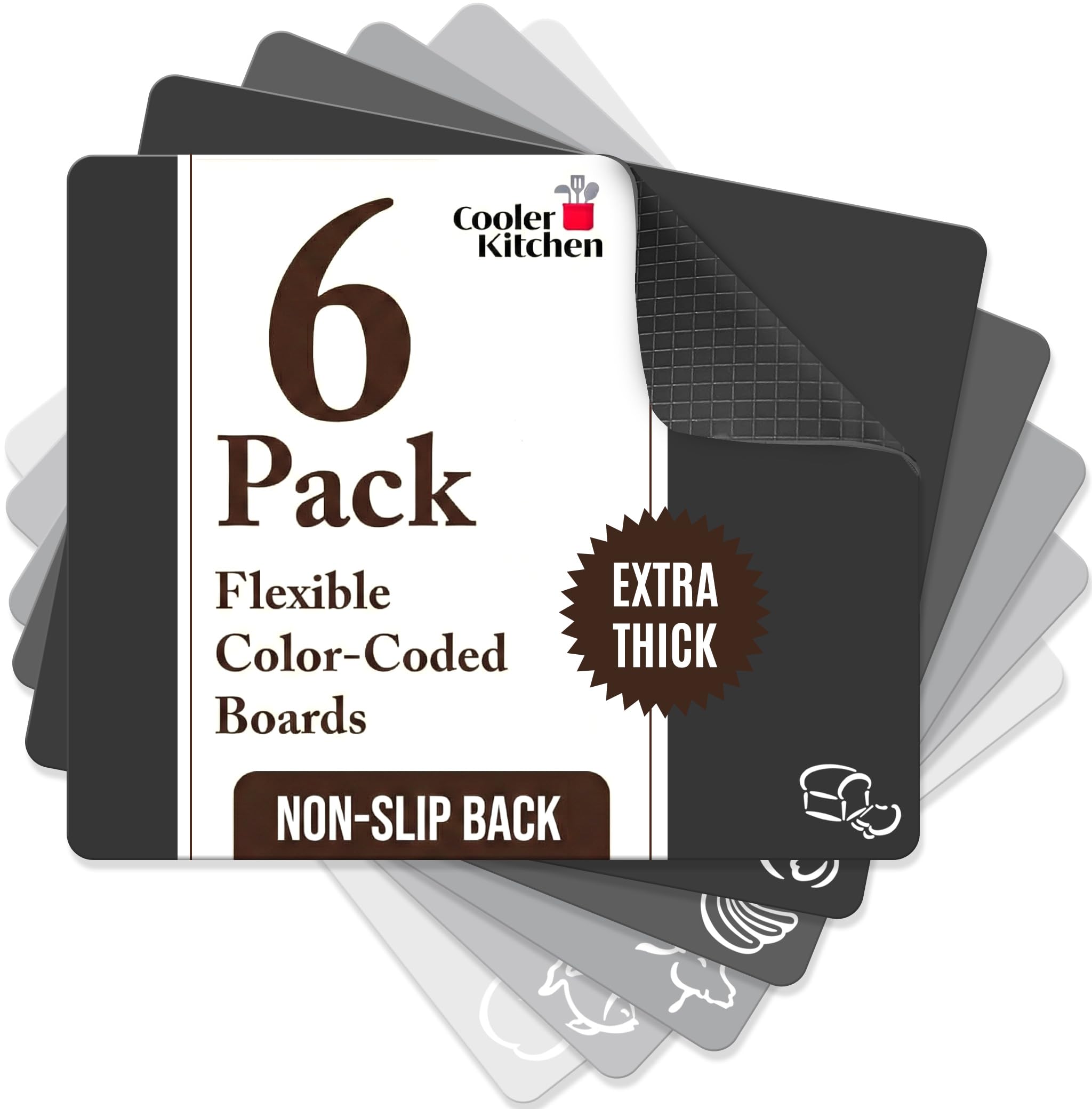 Cooler Kitchen Extra Thick Flexible Plastic Cutting Board Mats with Food Icons & EZ-Grip Waffle Back, (Set of 6) Dishwasher Safe