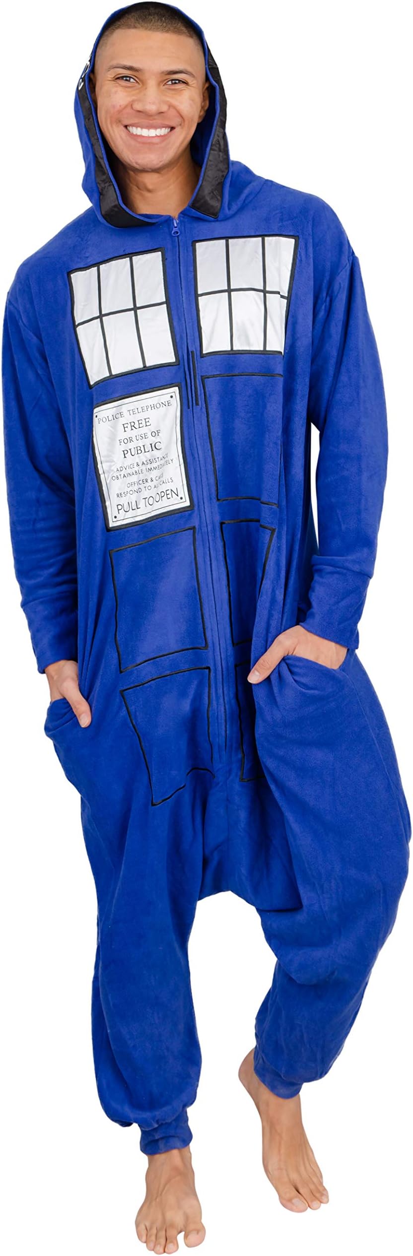 Doctor Who Tardis Police Booth Hooded One Piece Pajama Costume Union Suit Blue