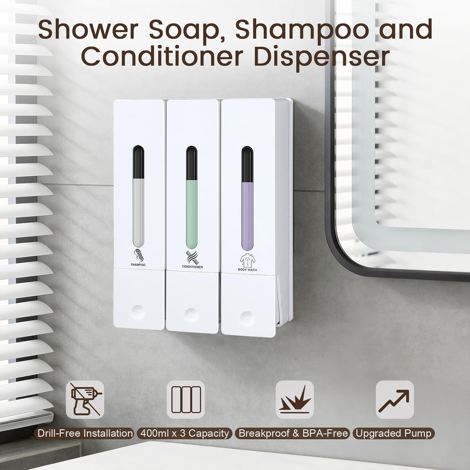 3 Chamber Shampoo and Conditioner Dispenser, No Drill - Wall Mounted Shower Soap Dispenser, Refillable Body Wash Dispenser Set 3, 1200ML Capacity, for Bathroom & Hotel, White