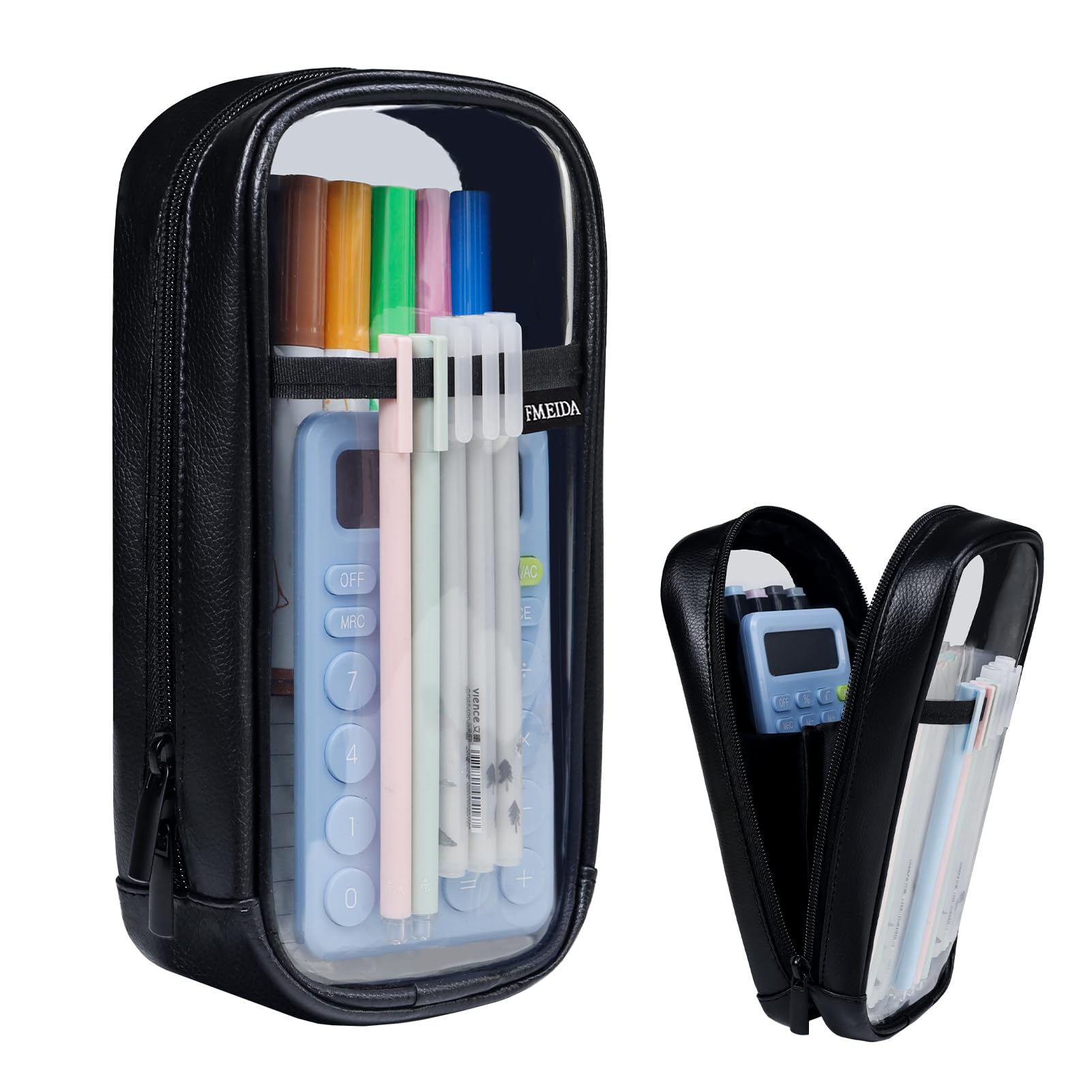 FmeidaClear Pencil Case - Upgraded 4 Compartment Pencil Pouch, Waterproof Adult Pencil Bag Aesthetic Marker Pouch Stationary Bag Office Organizer for Office Business Travel - Black PU& Clear PVC