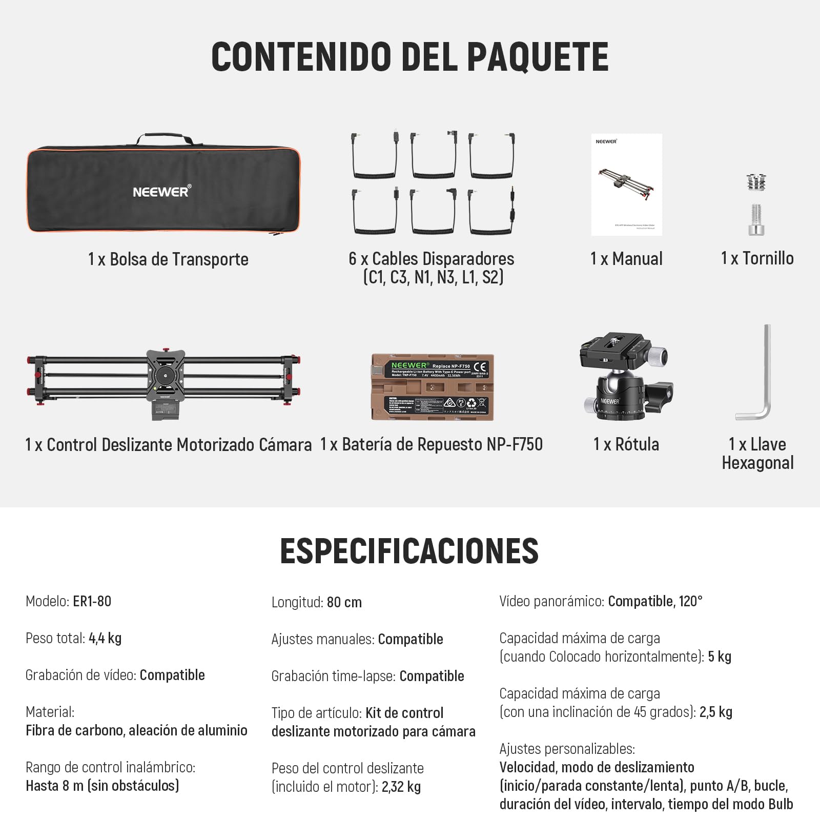 NEEWER Deslizador de cámara motorizado de 80 cm, Deslizador de riel de Fibra de Carbono DSLR con Control de aplicación, batería F750 de 4400 mAh para fotografía de lapso de Tiempo, soporta Modo de