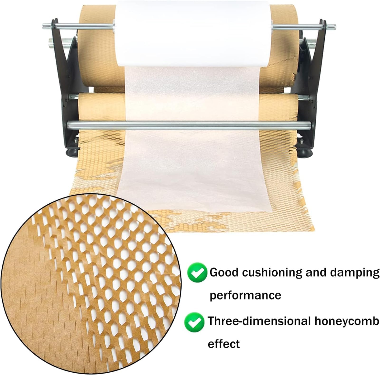 Dispensador manual de papel de panal para envolver rollos | Tensión ajustable, base antideslizante, acero resistente, operación manual, para cerámica y artículos frágiles.