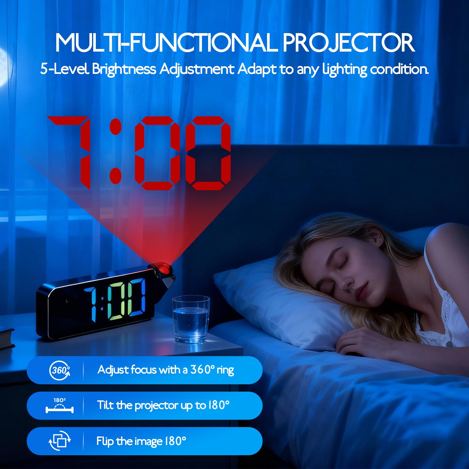 Sveglia con Proiettore Soffitto, Sveglia Digitale da Comodino proiettore girevole a 180°, con Temperatura, Snooze, Luminosità Regolabile, Orologio con Proiezione Ora Soffitto per Camera da Letto